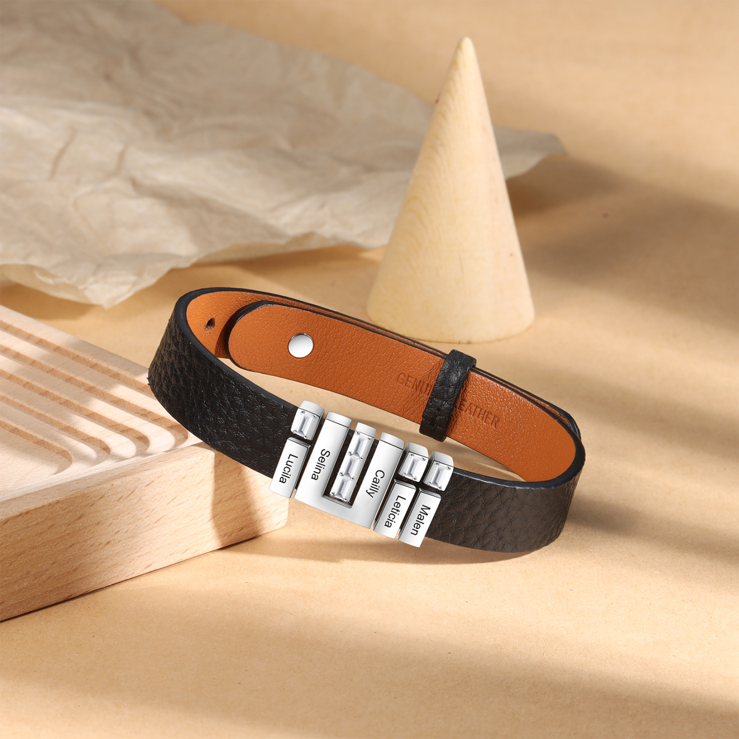 Customised Leather Bracelet with Beads Engraved 5 Names Bangle for Him-Jessemade AU