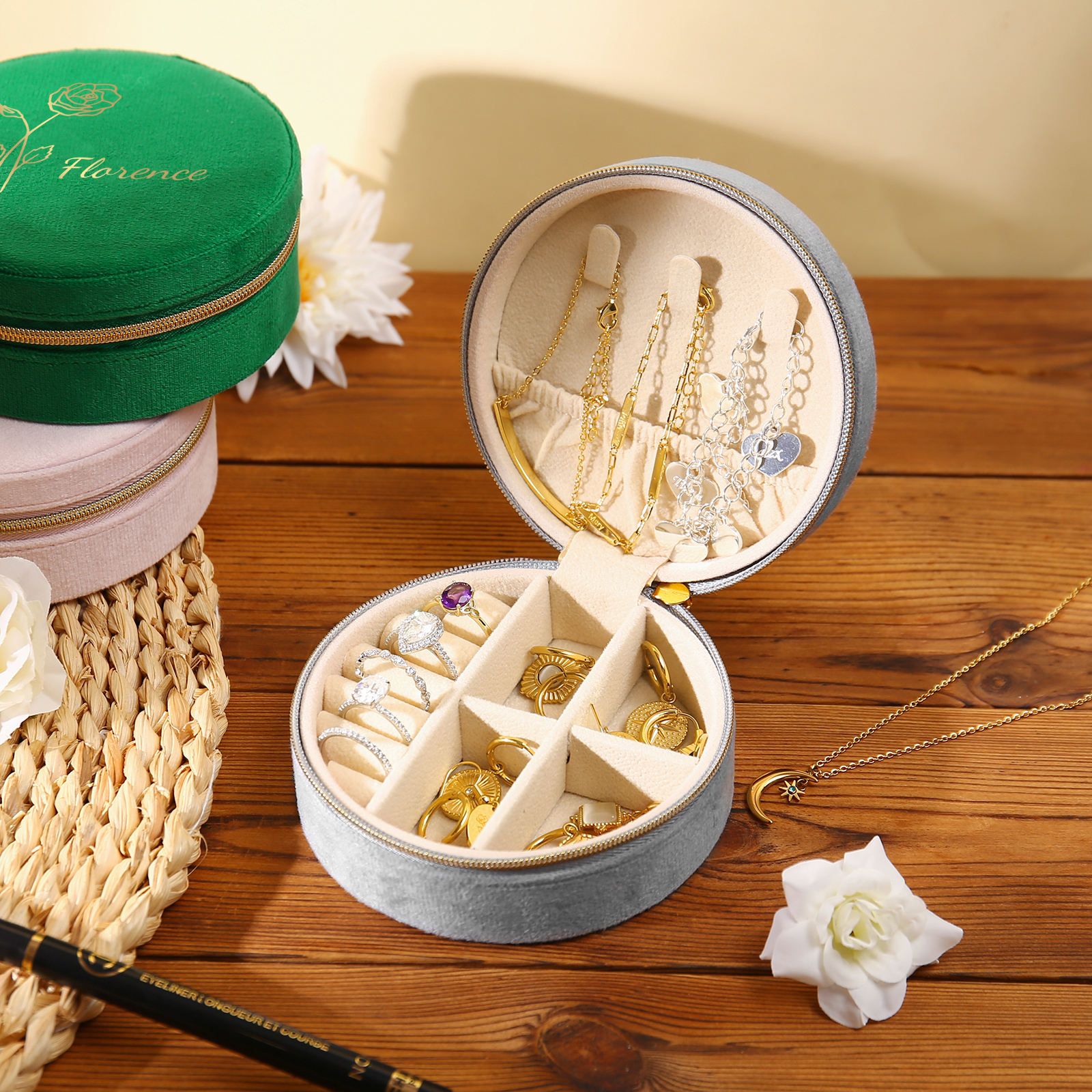 Personalised Name Jewelry Storage Box Custom Birth Flower Travel Jewelry Box Circle Box Gifts for Her-Jessemade AU