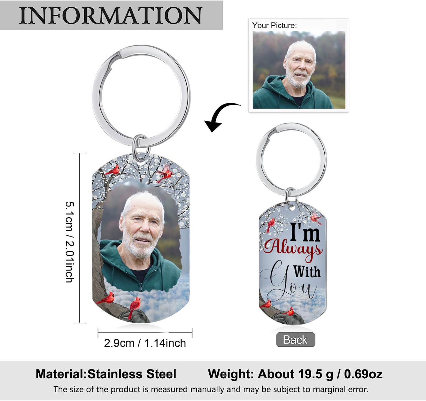 Cardinal Memorial Keychain Custom Photo Keyring Commemorate Deceased Loved Ones -  I'm Always With You-Jessemade AU