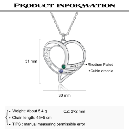 Personalised Heart Necklace With 2 Birthstones Engraved Names Gift For Mother-Jessemade AU