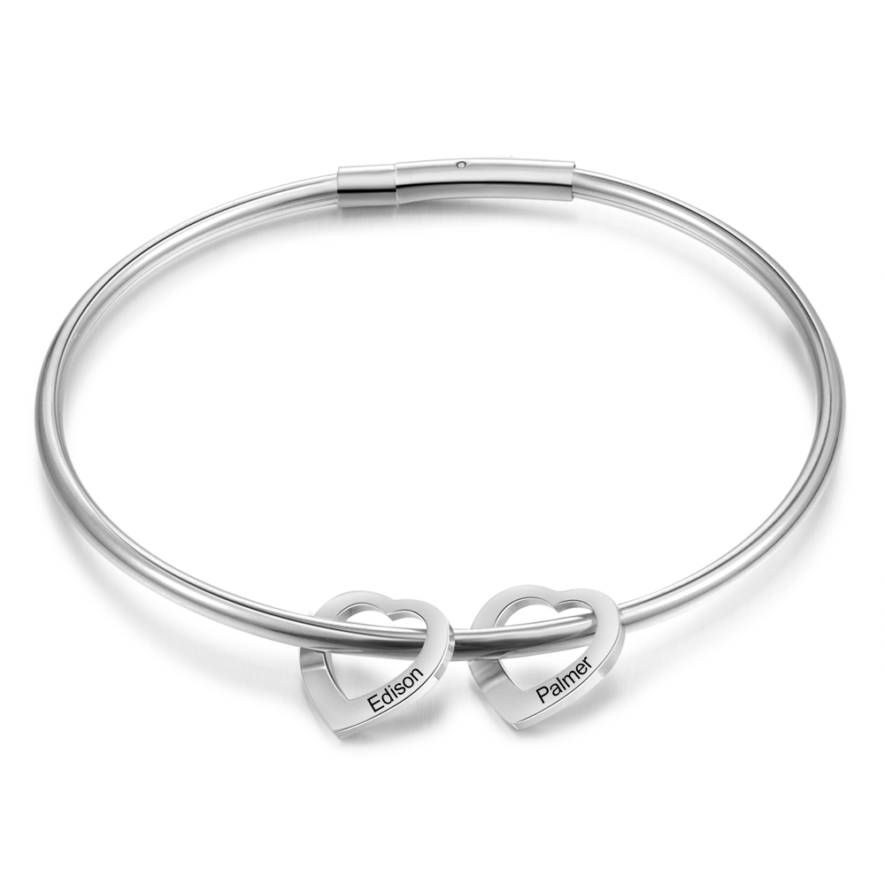 Engraved Bangle Bracelet with 2 Heart Pendant Gift for Mother Love Bracelet
