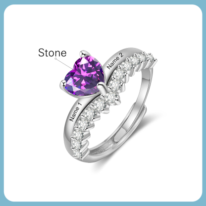 Personalised Heart Birthstone Ring Custom 2 Names Open Ring Gift for Women Girls-Jessemade AU