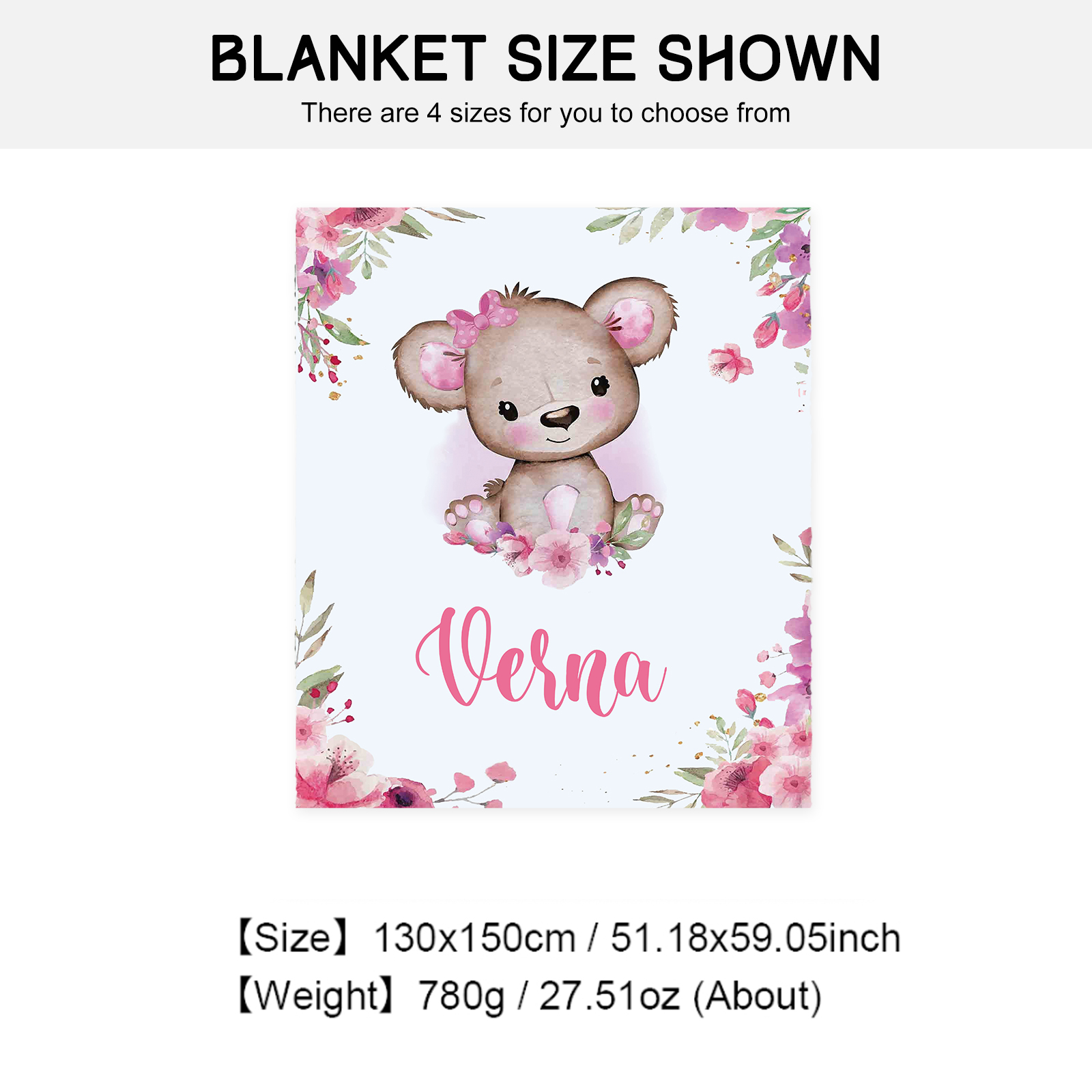 Personalised Pink Bear Blanket Custom Name Cute Cartoon Blanket-Jessemade AU