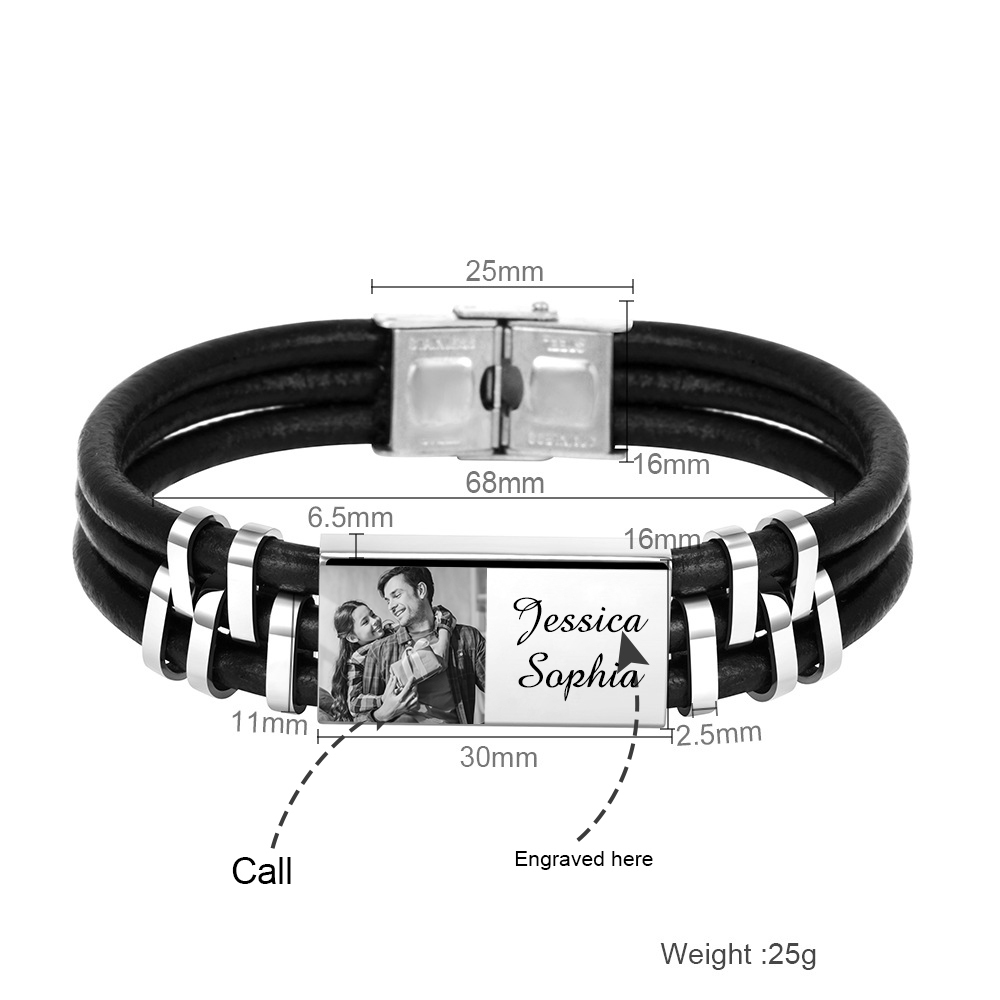 Personalised Leather Bracelet Custom Photo Initial ID Bar Men's Bracelet Bangle Gifts For Him-Jessemade AU