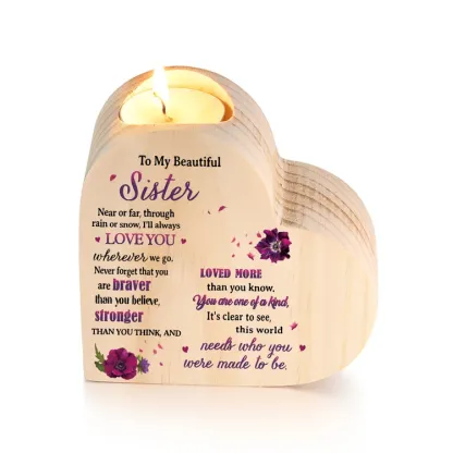 To My Beautiful Sister Violet Flower Heart Candle Holder "I'll always love you wherever we go" Wooden Candlestick-Jessemade AU
