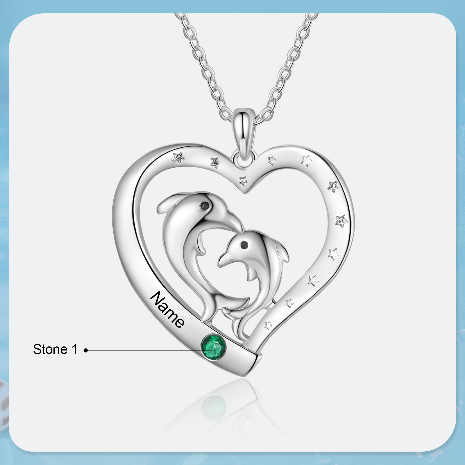 Personalised Heart Dolphin Pendant Necklace Custom 1 Birthstone Engraved 1 Name Necklace Gift for Her-Jessemade AU