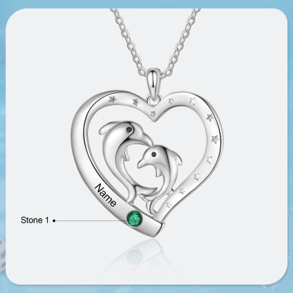 Personalised Heart Dolphin Pendant Necklace Custom 1 Birthstone Engraved 1 Name Necklace Gift for Her-Jessemade AU