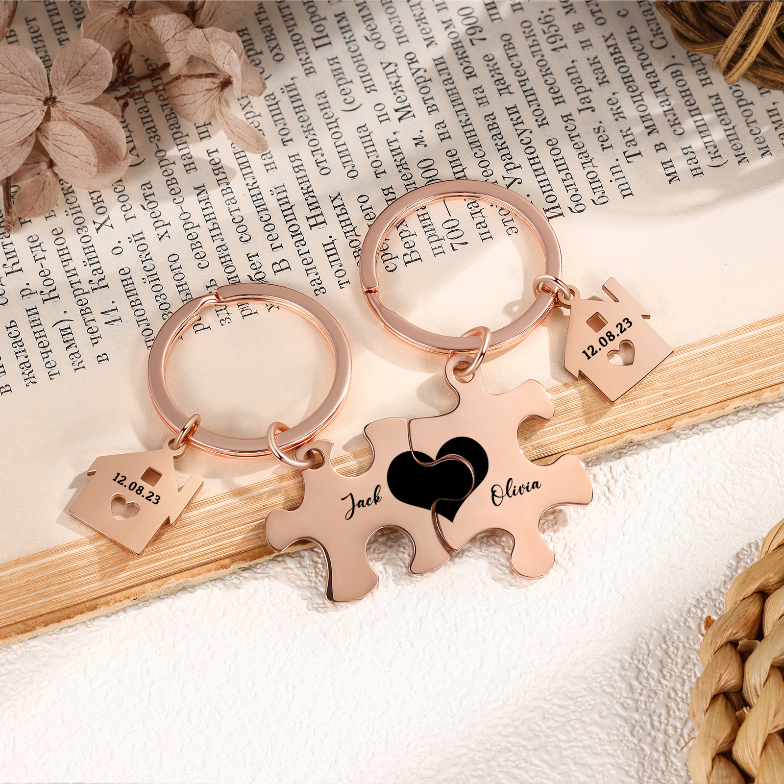 2 PCS Couple Keychain Set Custom 2 Names & Date Keyring Puzzle Keychain Valentine's Day Personalised Gift for Him/Her-Jessemade AU