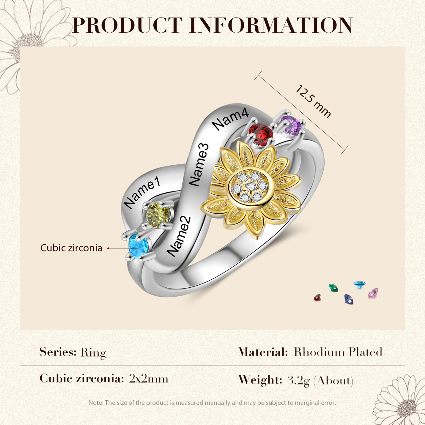 Personalised 4 Birthstones Sunflower Ring Engraved Names Infinity Ring Gifts For Her-Jessemade AU