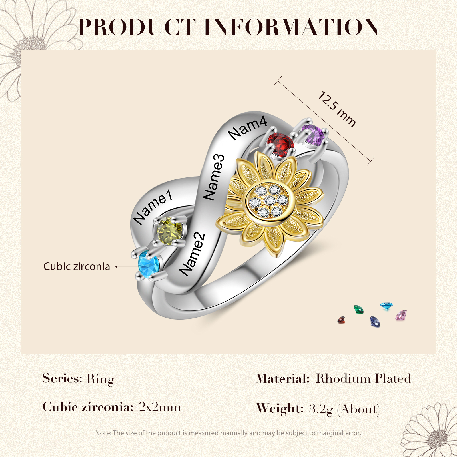 Personalised 4 Birthstones Sunflower Ring Engraved Names Infinity Ring Gifts For Her-Jessemade AU