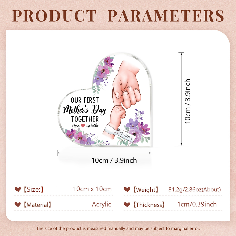 Our First Mother's Day Together - Personalised Date Acrylic Heart Keepsake Holding Hands Custom 2 Names Ornaments-Jessemade AU