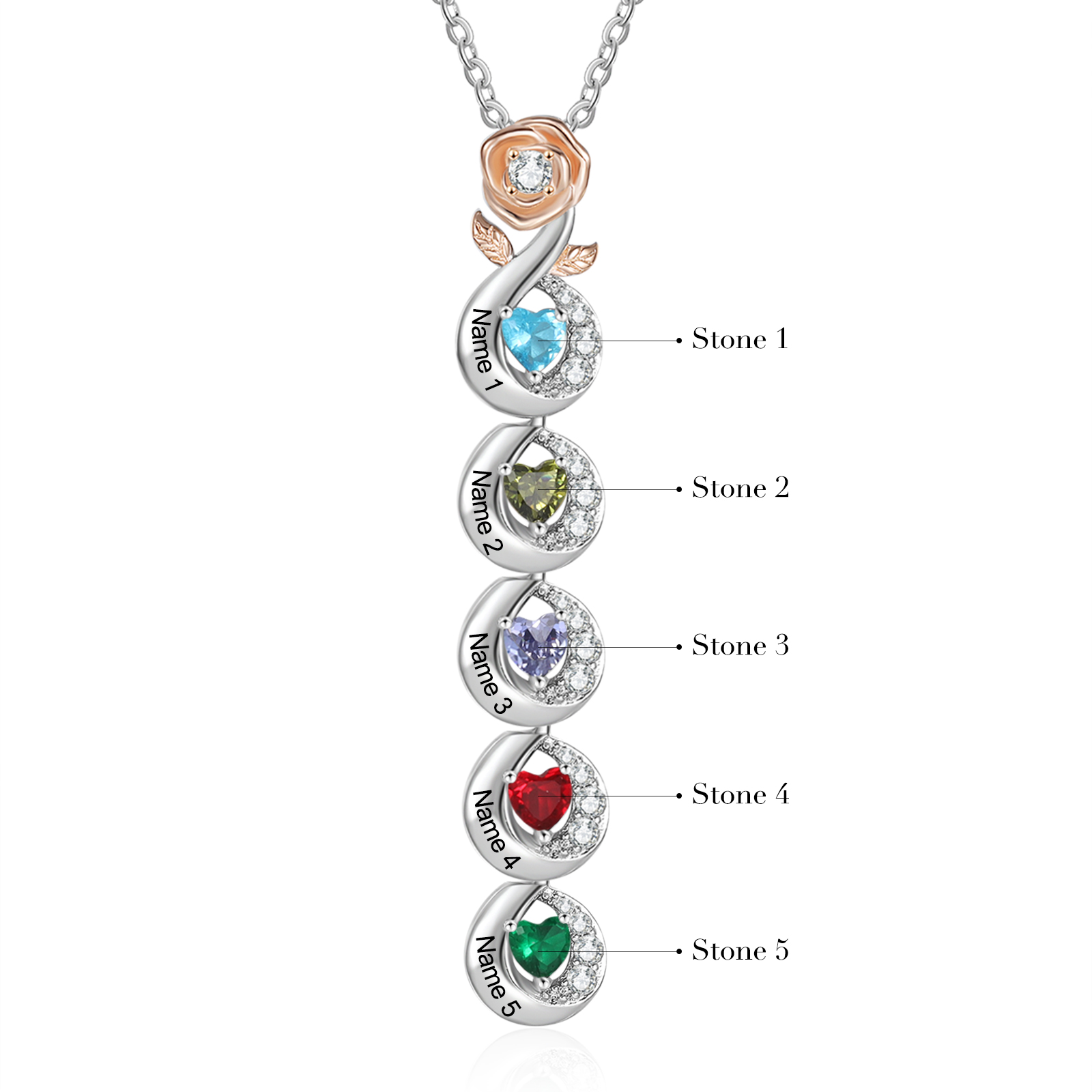 Custom Family Necklace Personalised 5 Birthstones & Names with Rose Pendant Gifts for Her-Jessemade AU