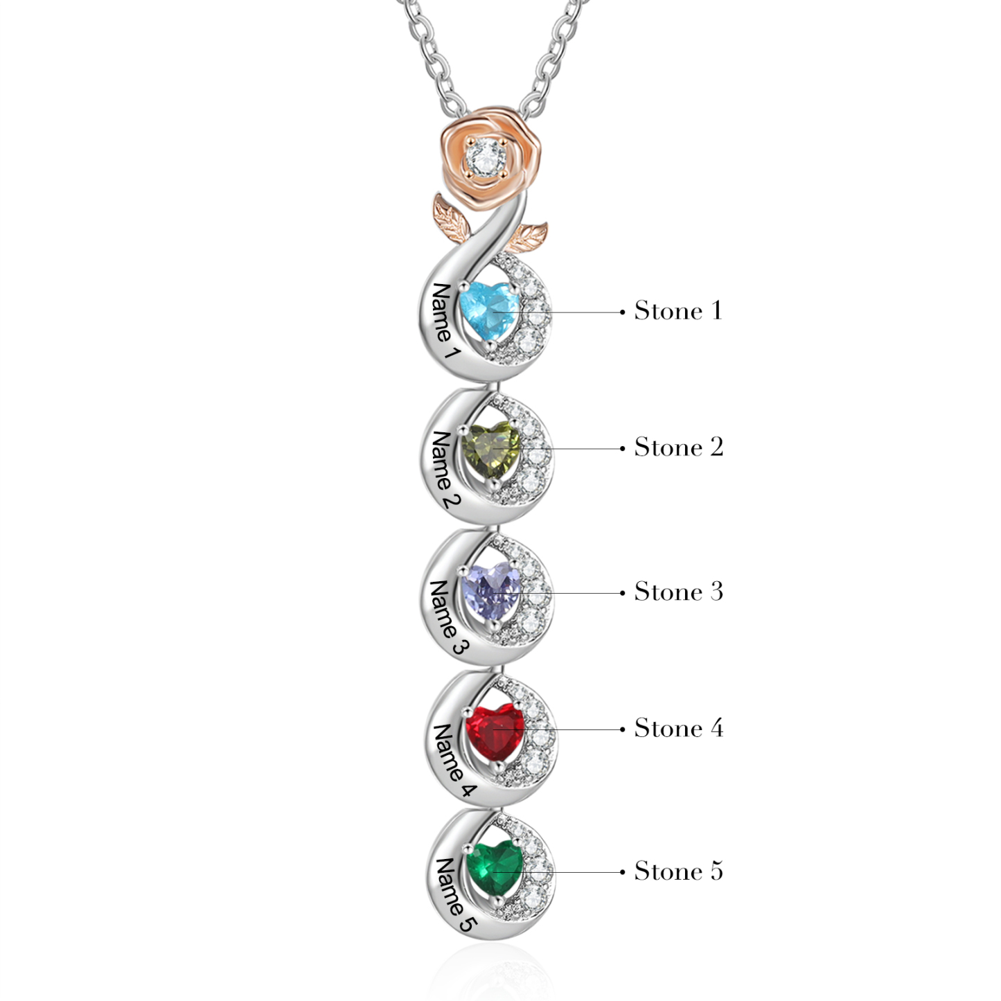 Custom Family Necklace Personalised 5 Birthstones & Names with Rose Pendant Gifts for Her-Jessemade AU