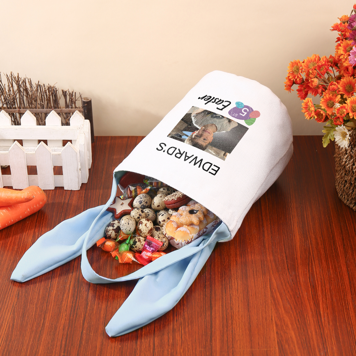 Personalised Photo Bunny Tote Bag Custom Name & Text & Number Bucket Bag Bunny Basket Easter Gifts-Jessemade AU