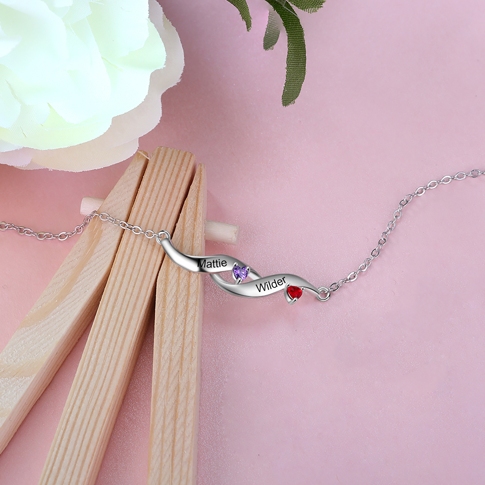 Personalised Mother Necklace With 2 Heart birthstones Engraved Names Gift For Women-Jessemade AU