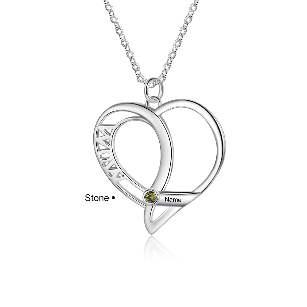 Personalised Heart Necklace With 1 Birthstone Engraved Names Gift For Mother-Jessemade AU