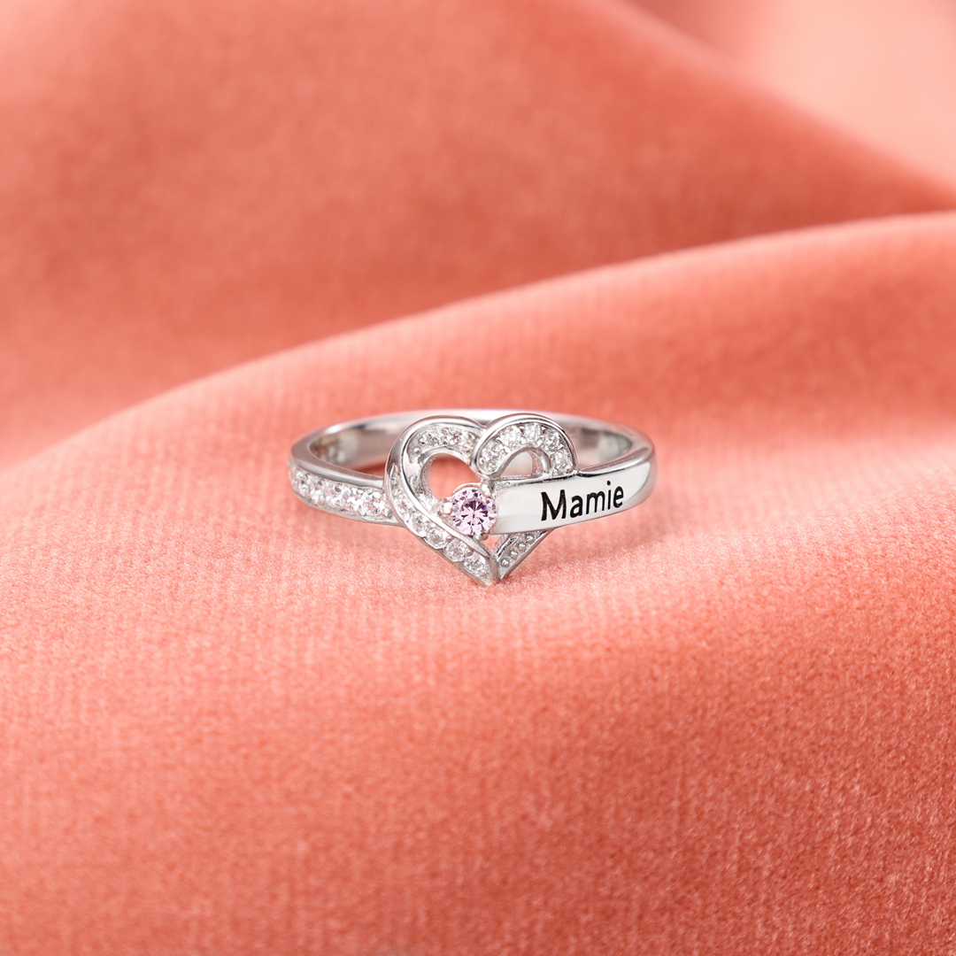 Personalised Heart Ring With 2 Birthstones Engraved Names Ring Gift For Women-Jessemade AU