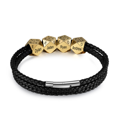 Personalised Braided Leather Bracelet Engraved 8 Names polyhedron Men's Bracelet Gifts For Him-Jessemade AU