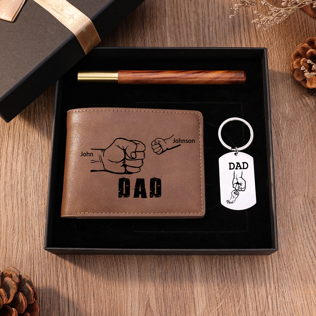 Personalised 3 Names Fist Bump Gift Set Custom Wallet & Keychain & Pen Gift Box Set Father’s Day Gift