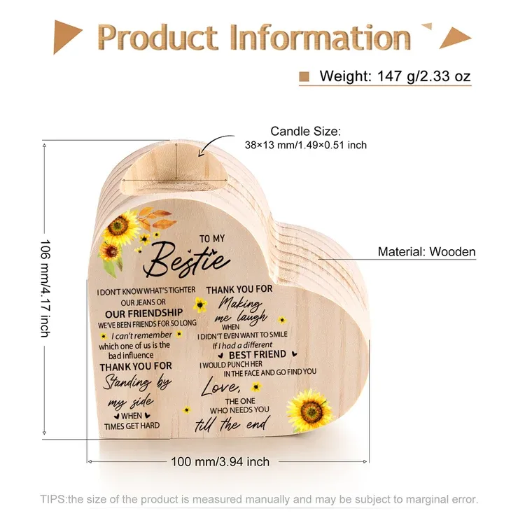 To My Bestie Heart Candle Holder Thank you for making me laugh Wooden Candlestick-Jessemade AU