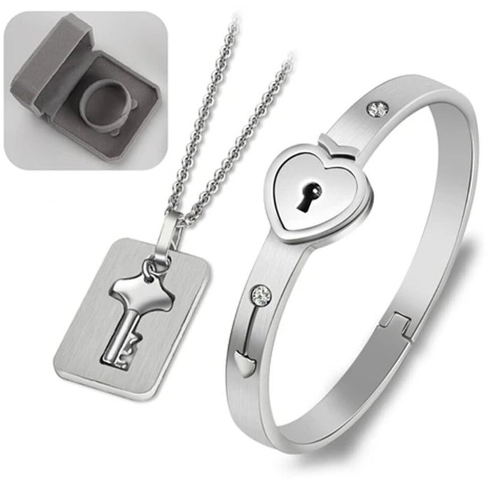Key to My Heart Couple Key Necklace and Love Lock Bracelet Set-Jessemade AU