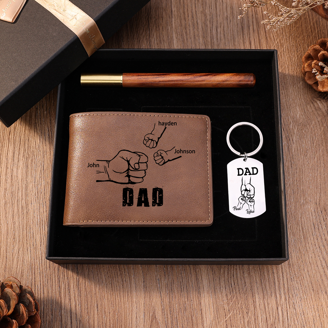 Personalised 5 Names Fist Bump Gift Set Custom Wallet & Keychain & Pen Gift Box Set with Father’s Day Gift Card 