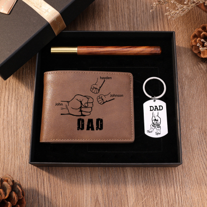 Personalised 5 Names Fist Bump Gift Set Custom Wallet & Keychain & Pen Gift Box Set with Father’s Day Gift Card -Jessemade AU
