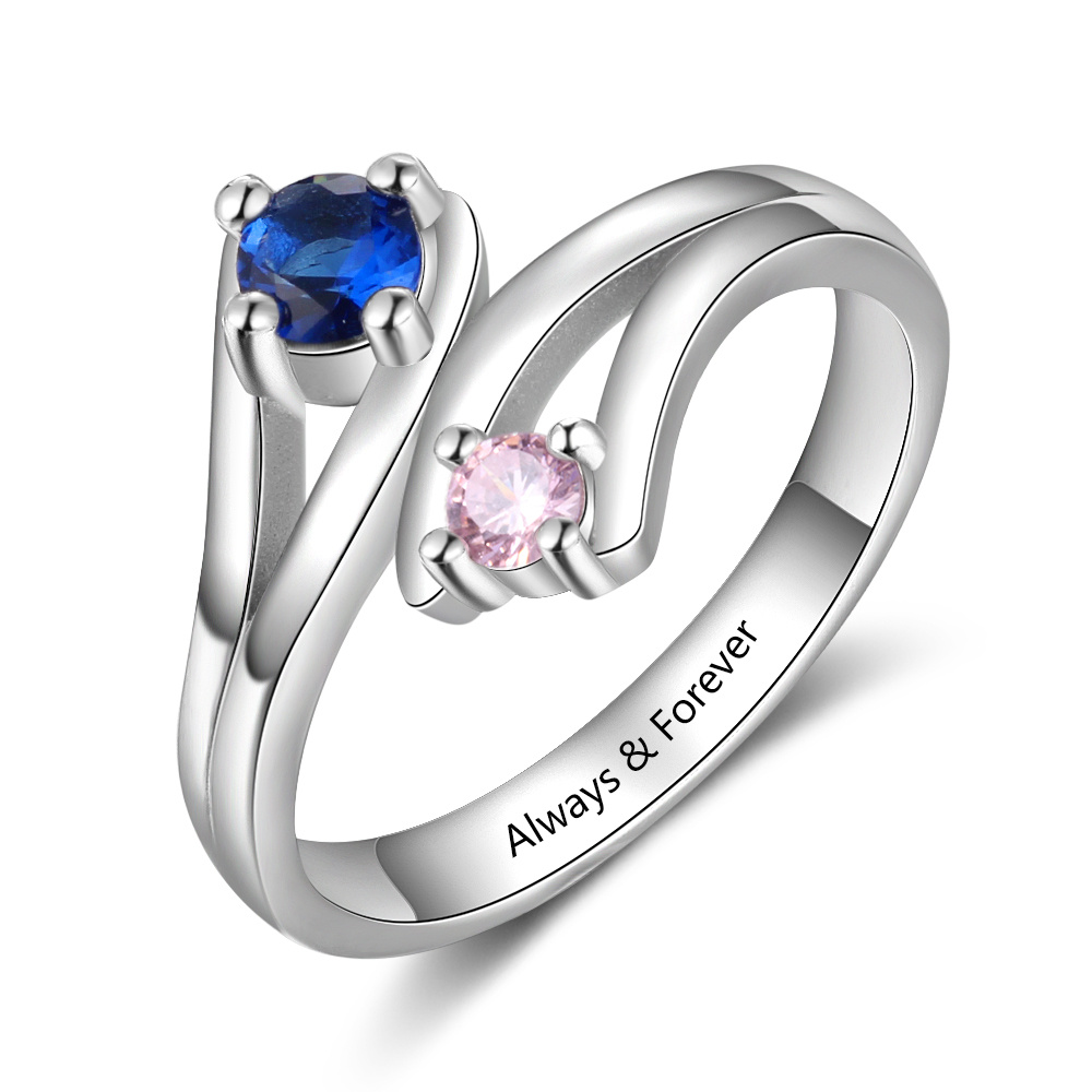 S925 Silver Ring Personalised 2 Birthstones Ring With Names Gifts For Her