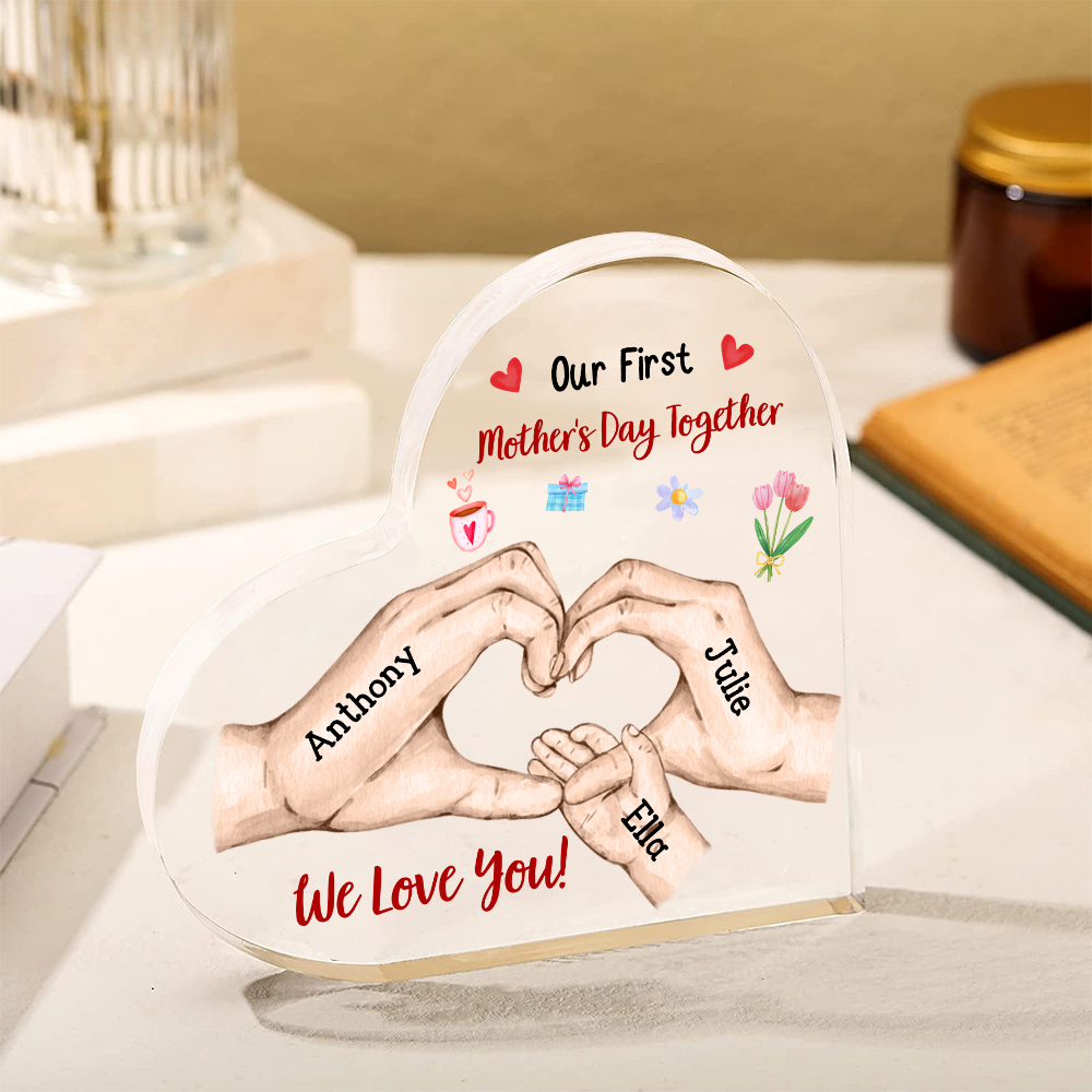 Our First Mother's Day Together - Personalised Text Acrylic Heart Keepsake Family Hands Custom 3 Names Ornaments-Jessemade AU