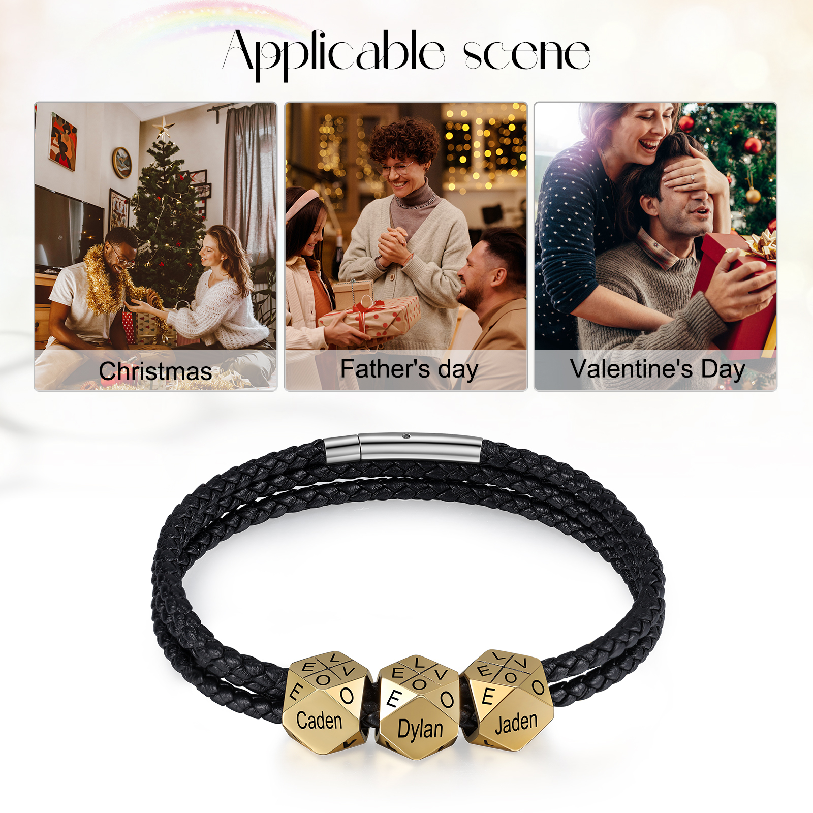 Personalised Braided Leather Bracelet Engraved 6 Names polyhedron Men's Bracelet Gifts For Him-Jessemade AU