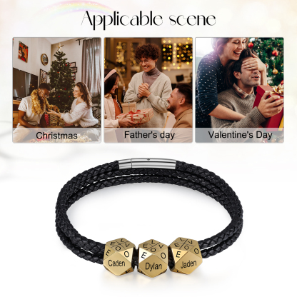 Personalised Braided Leather Bracelet Engraved 6 Names polyhedron Men's Bracelet Gifts For Him-Jessemade AU