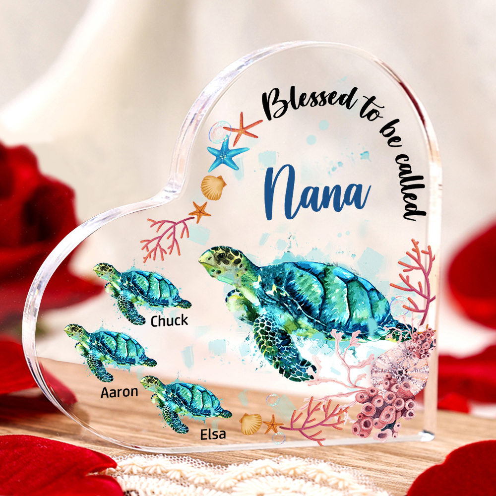 Personalised Acrylic Heart Keepsake Custom 4 Names Sea Turtles Ornament Gifts for Mom/Grandma-Jessemade AU