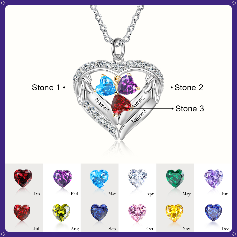 Personalised Wings Necklace With 3 Heart Birthstones Engraved Names Gift For Women-Jessemade AU