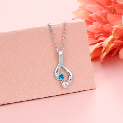 Personalised Necklace With 2 Heart Birthstones Engraved Names Gift For Her-Jessemade AU
