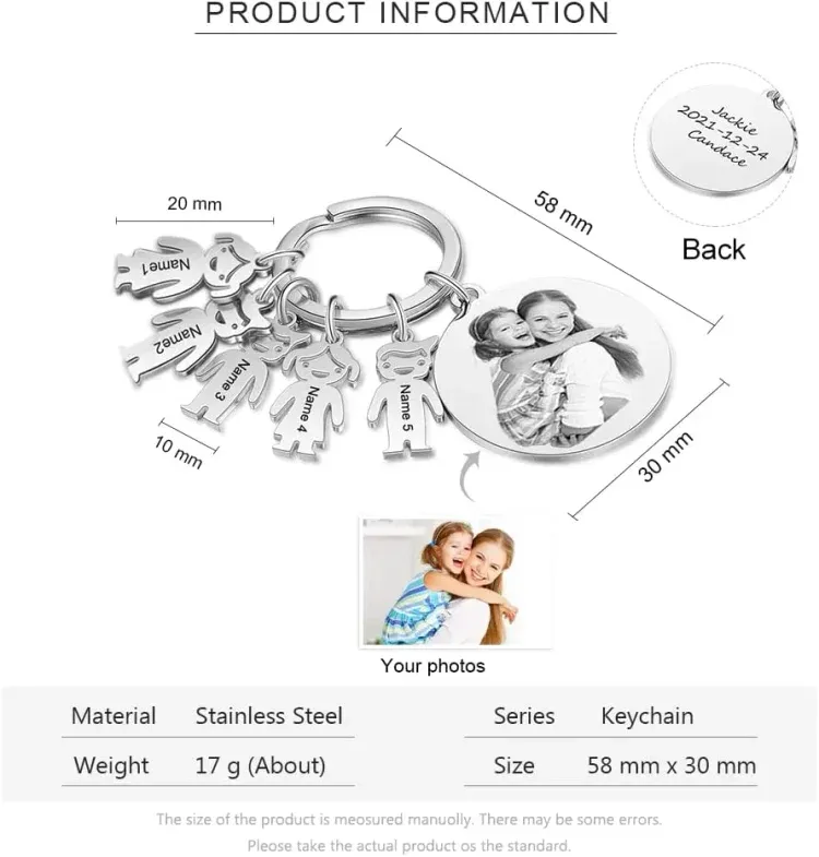 5 Names - Personalised Photo Keychain with Kid Charm Custom Text Keyring Gifts for Father/Mother-Jessemade AU