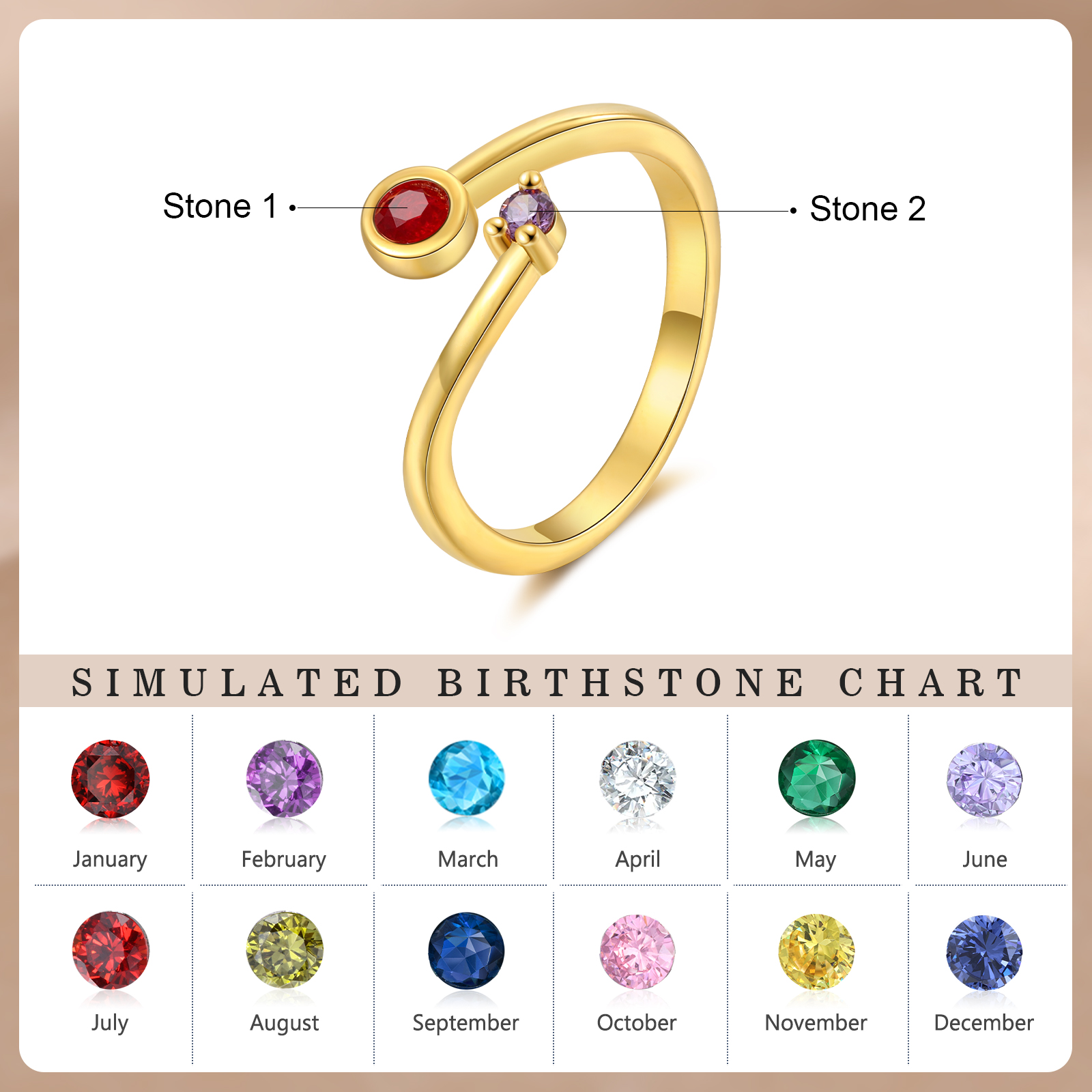 Personalised Women's Ring Custom 2 Birthstones Open Ring Birthday Gift for Ladies Girls-Jessemade AU