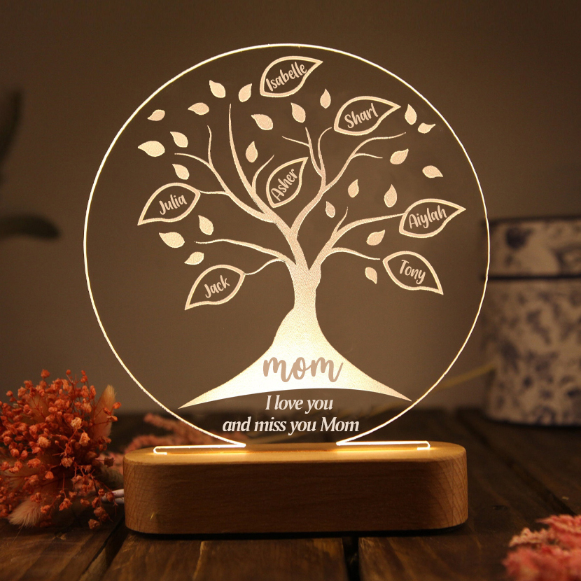 Personalised Family Tree Night Light Engraved 7 Names Wooden LED Lamp-Jessemade AU