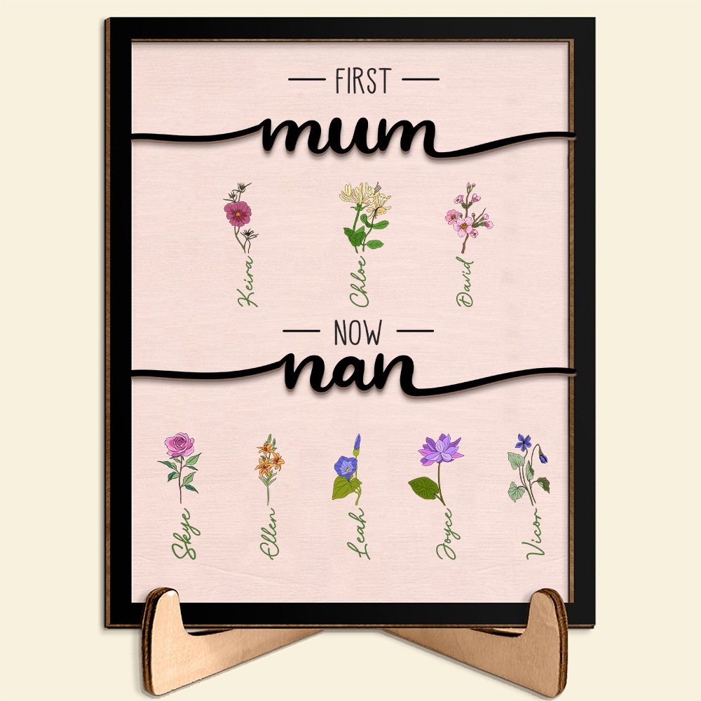Personalised Birth Flowers Wooden Plaque Custom 2–10 Names Desktop Decor With Stand Gifts for Grandma/Mother-Jessemade AU