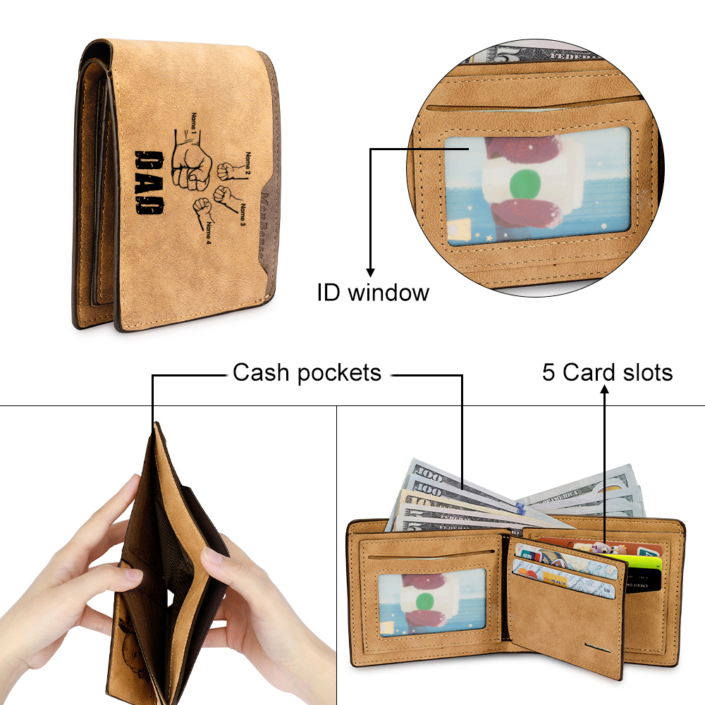 4 Names - Personalised Men Leather Wallet Custom Photo & Text & Name Folding Wallet Fist Bump Wallet Gift for Dad-Jessemade AU