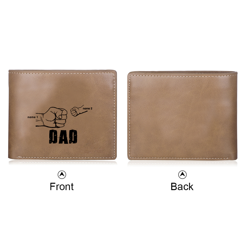 Personalised Leather Mens Wallet Engraved 2 Names Fist Bump Folding Wallet Father's Day Gifts-Jessemade AU