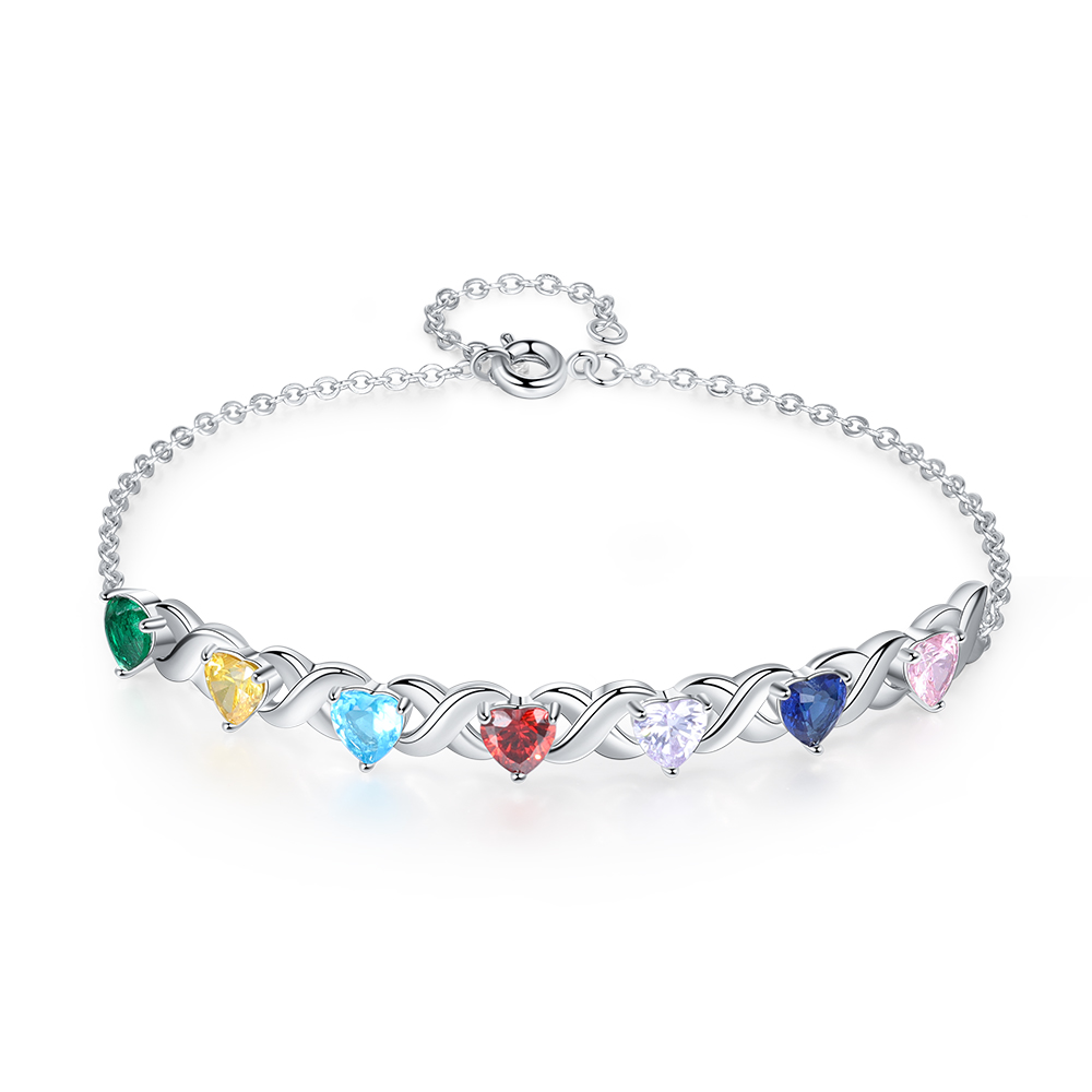 Personalised Bracelet With 7 Heart Birthstones Engraved Names Bracelet Gift For Women-Jessemade AU