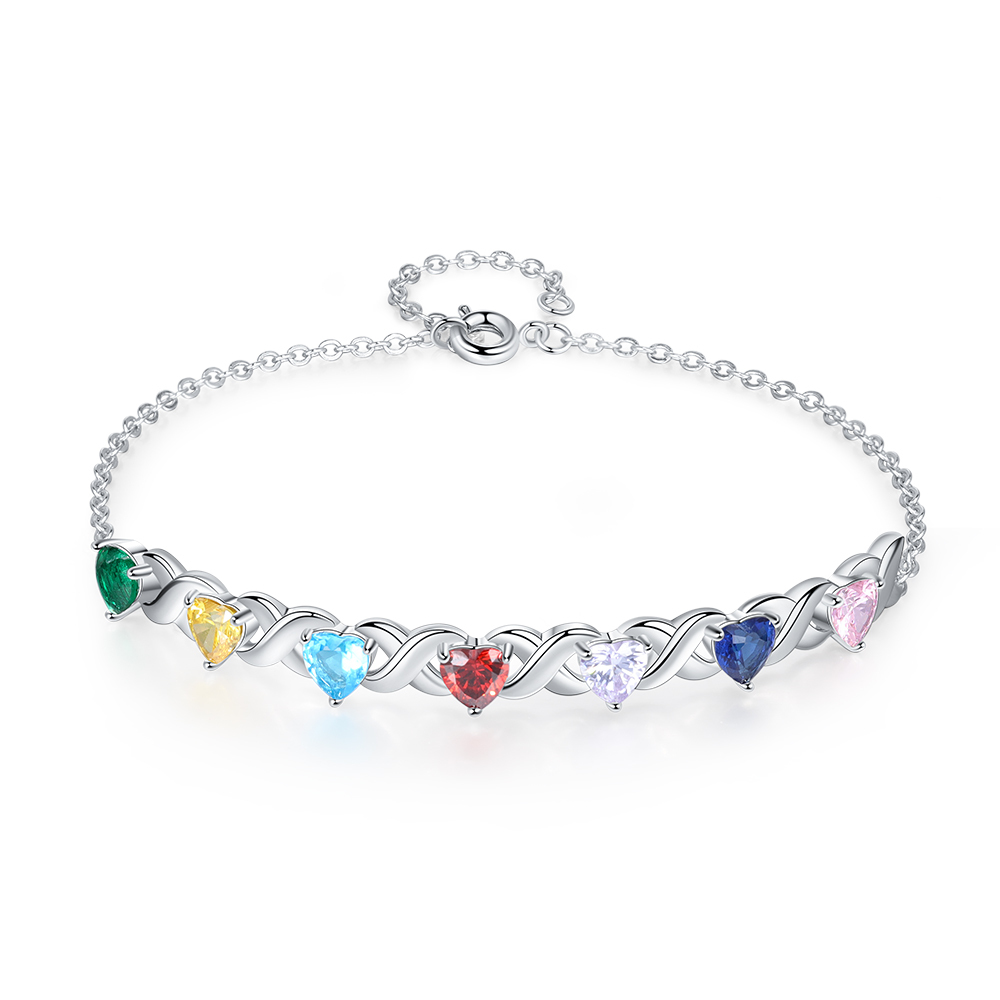 Personalised Bracelet With 7 Heart Birthstones Engraved Names Bracelet Gift For Women-Jessemade AU