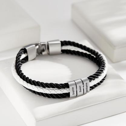 Mens Leather Bracelet Braided Layered Leather with 3 Beads Silver and Gold-Jessemade AU