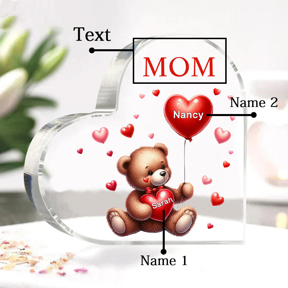 2 Names - Personalised Acrylic Heart Keepsake Custom Text Teddy Bear Balloon Ornaments Gifts for Grandma/Mother-Jessemade AU