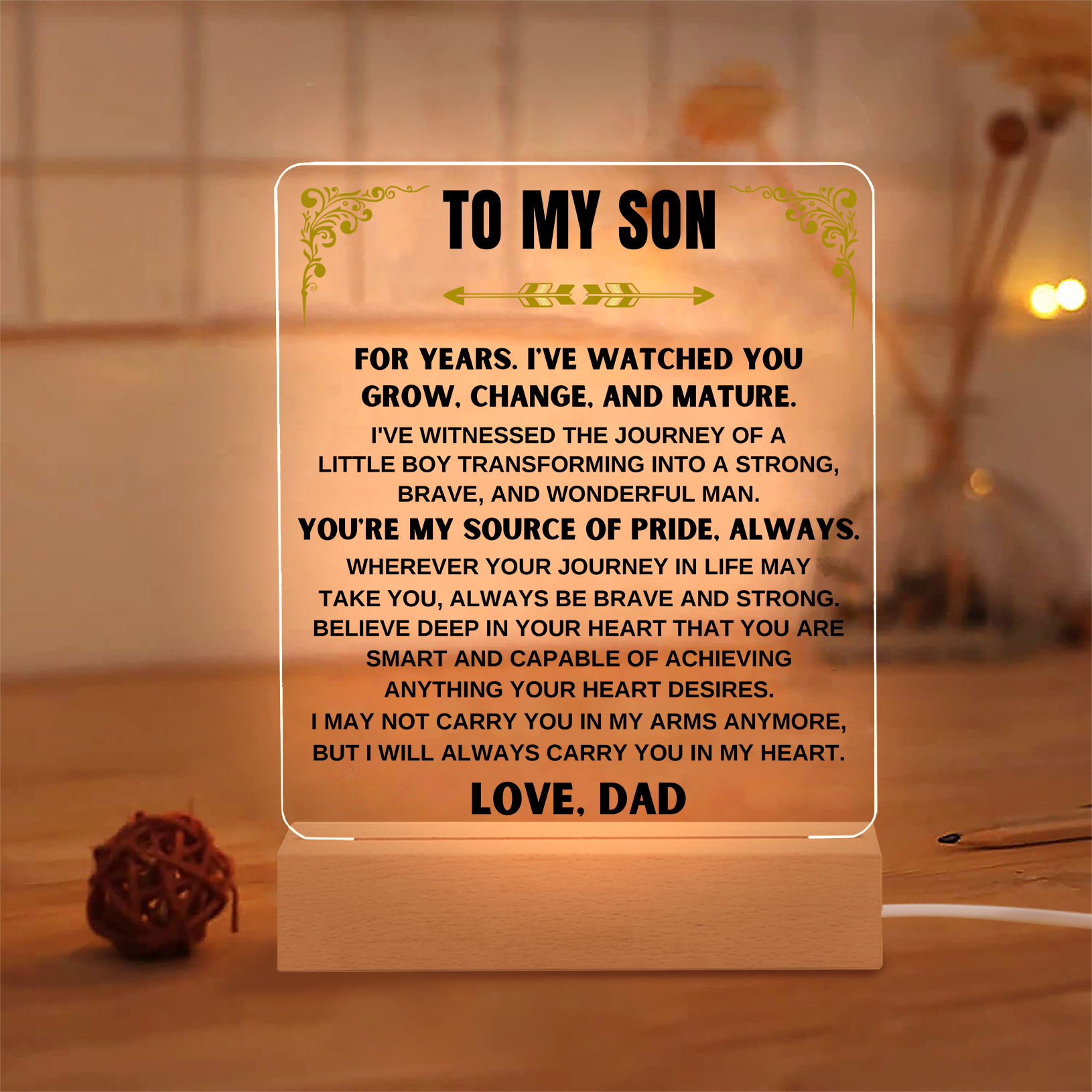 To My Son Acrylic Night Light, "You're My Source Of Pride, Always" LED Lamp Heartwarming Gifts-Jessemade AU