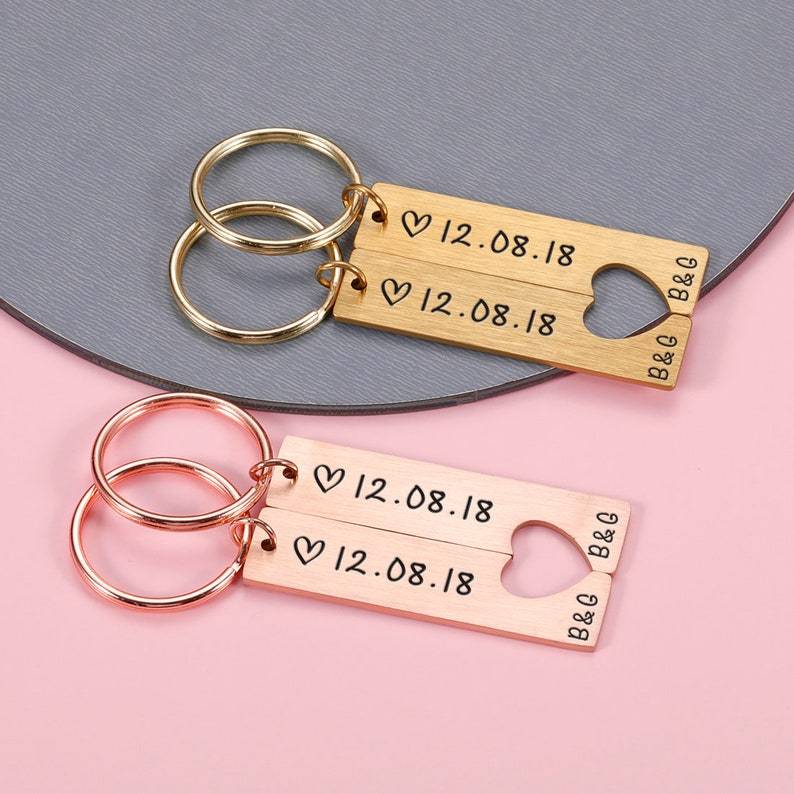 To My Man/My Love Heart Keychain Set Personalised Date Initial Keyring Matching Couple Gifts-Jessemade AU