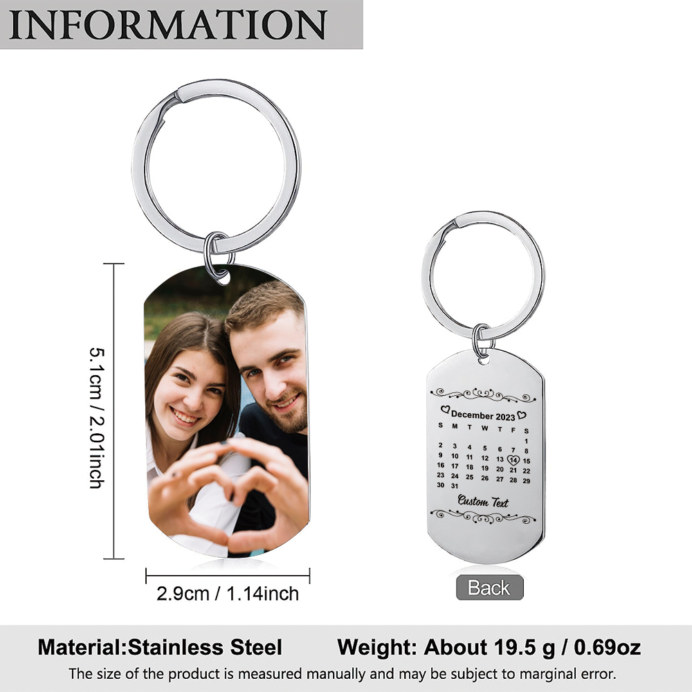 Couple Photo Keychain Customised Text & Date Keyring Calendar Valentine's Day Gifts for Him/Her-Jessemade AU