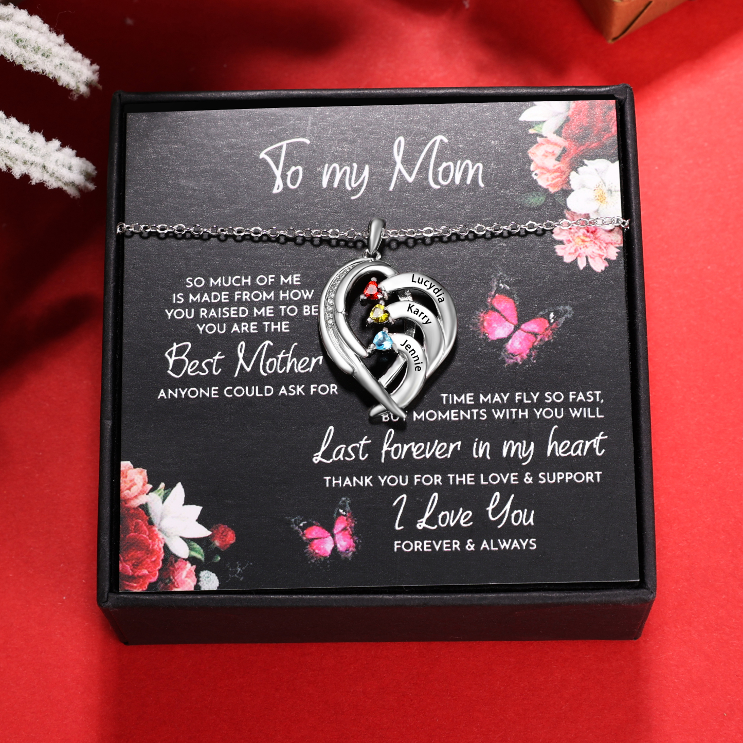 Personalised Heart Wings Necklace With 3 Birthstones Custom Names Necklace Gift For Her-Jessemade AU