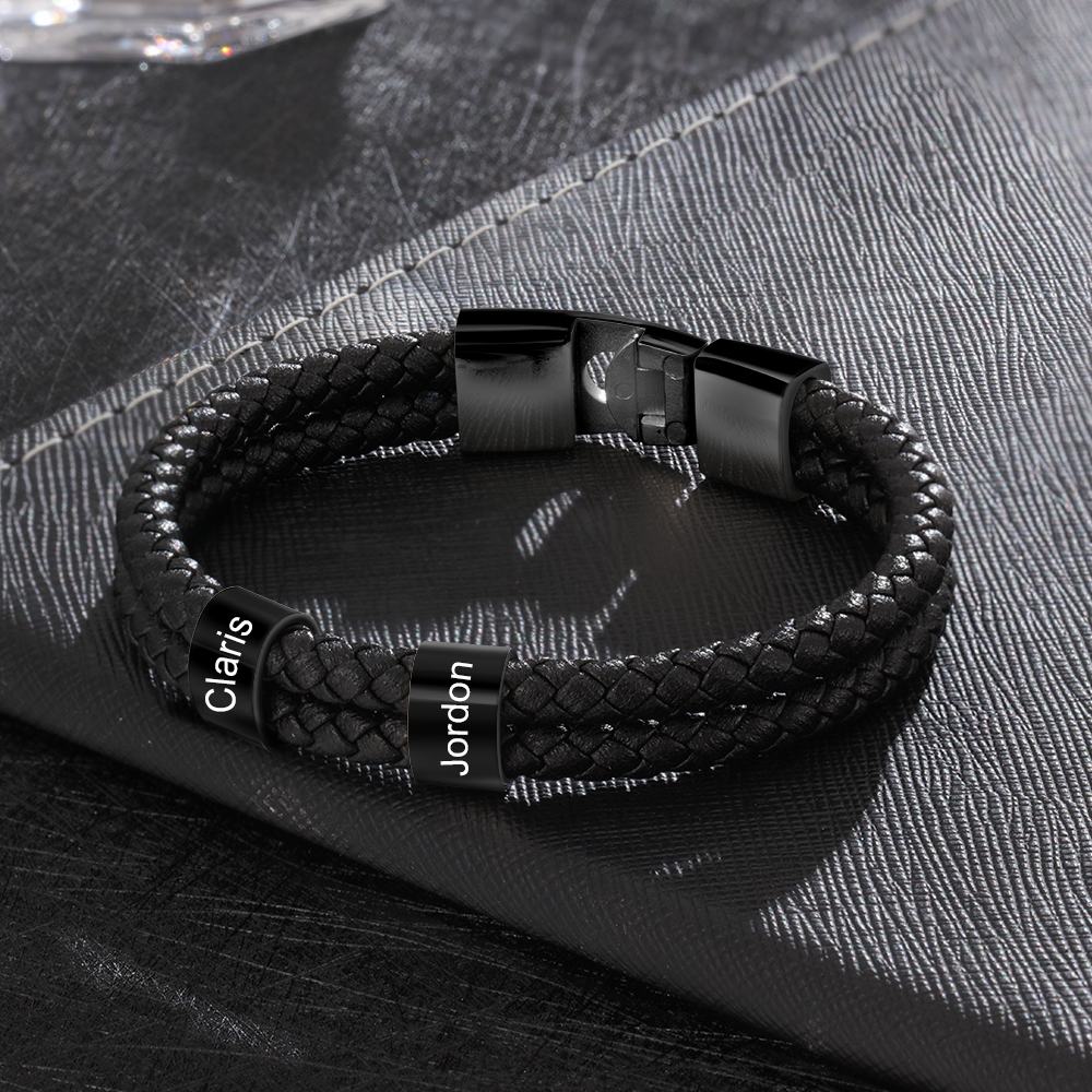 Personalised Braided Leather Bracelet Engraved 2 Names Men's Bracelet for Him