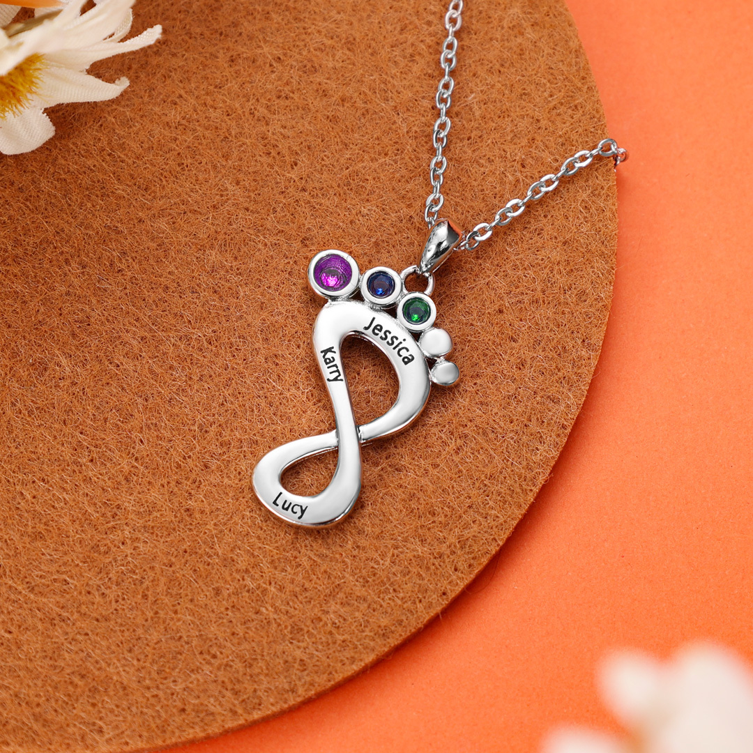 Personalised Baby Foot Necklace With 1 Birthstone Engraved Family Name Gift For Mother-Jessemade AU